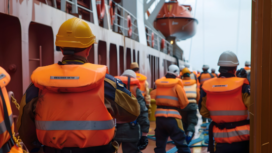 Crew in hard hats and life jackets during a safety drill