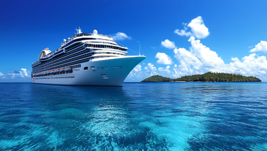 Passenger ship anchored in clear blue water near an island