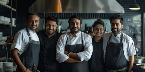 Catering crew of cooks and stewards in a galley