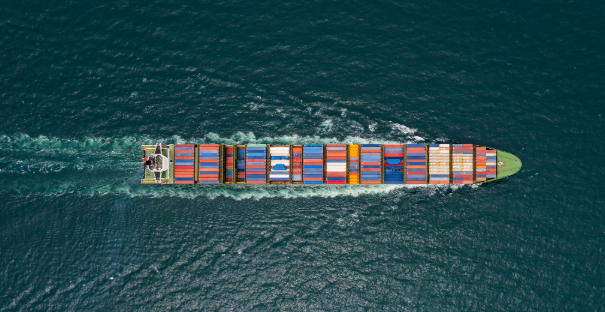 Container ship at sea, seen from directly above