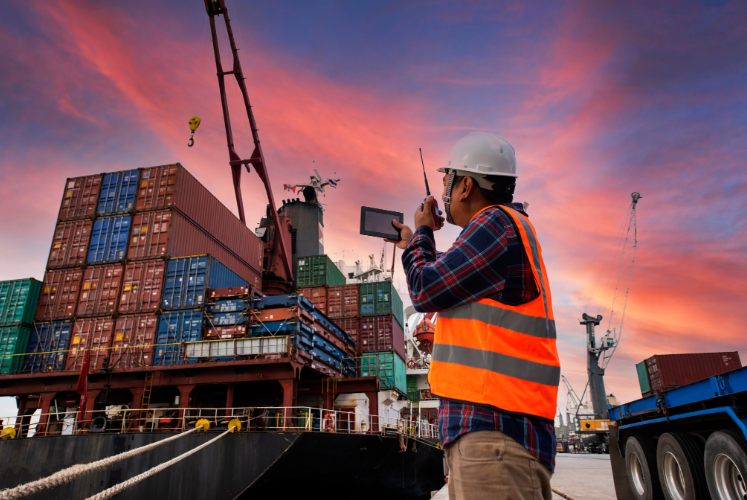 Container ship berthed under gantry cranes at sunset